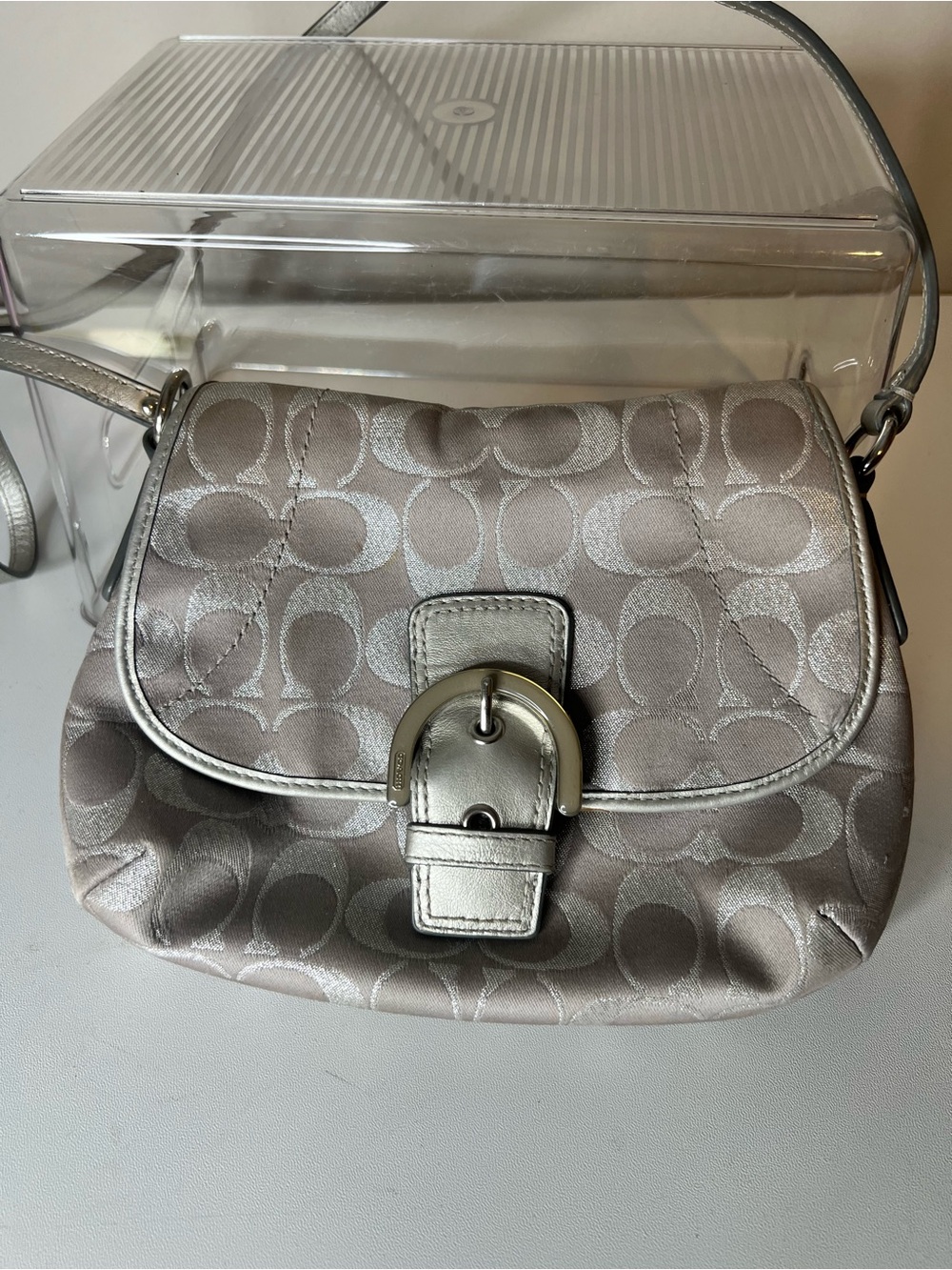 Coach Silver Signature Crossbody with Buckle Accent
